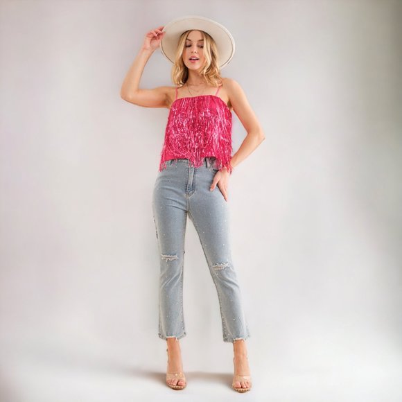 New Pink Fringe Crop Top LAST ONE - Picture 3 of 6
